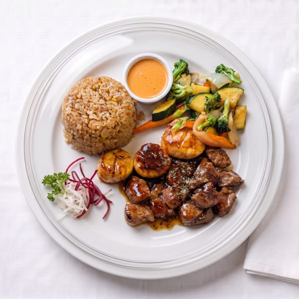 Entree with fried rice, seared scallops, beef, sautéed vegetables, and a side of orange dipping sauce.