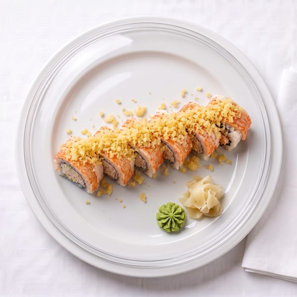 Sushi rolls topped with crispy flakes, with wasabi and pickled ginger on a white plate.