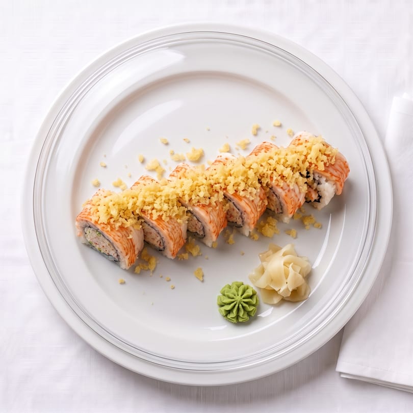 Sushi rolls topped with crispy flakes, with wasabi and pickled ginger on a white plate.