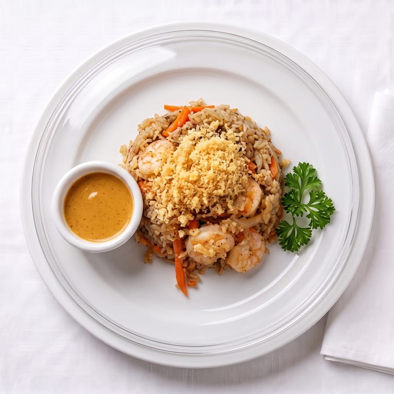 Plate of shrimp fried rice with carrots, crispy topping, creamy sauce, and parsley garnish.