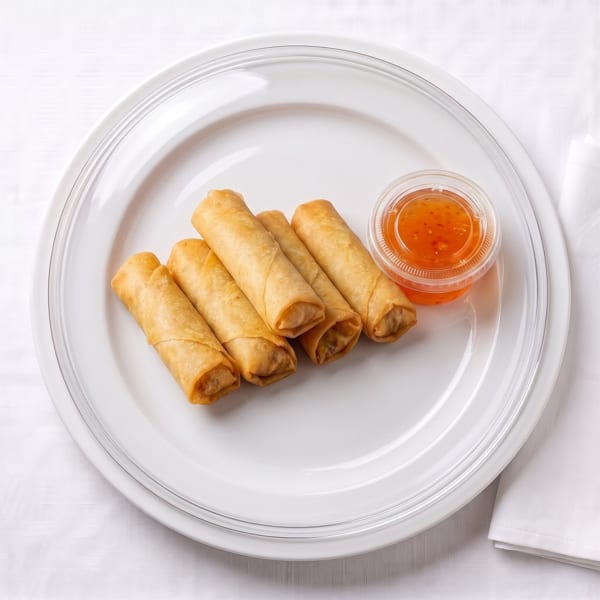 Five golden spring rolls and a container of orange dipping sauce on a white plate.