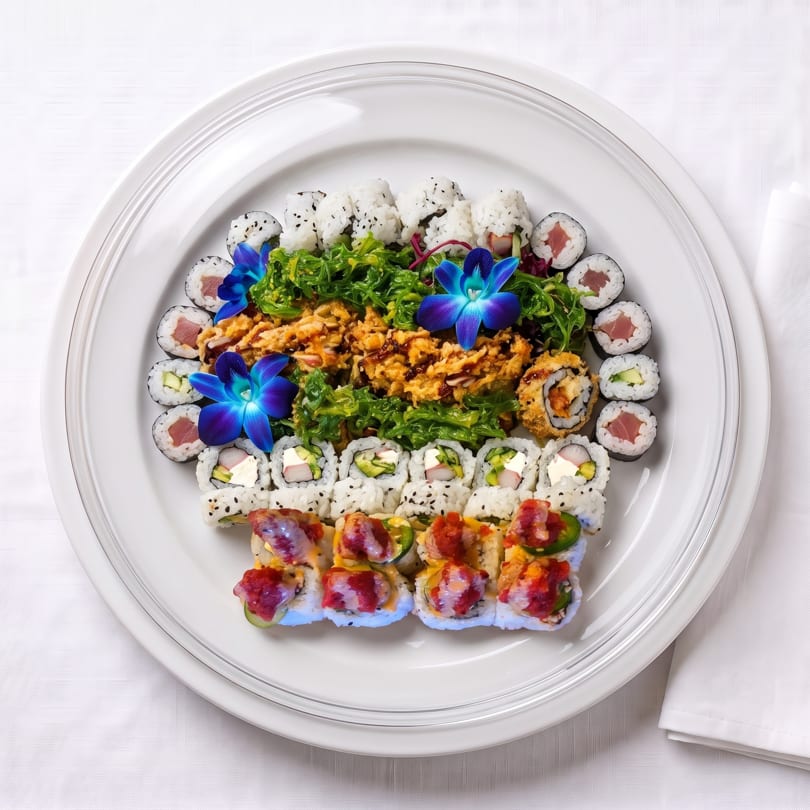 Assorted sushi platter with rolls, seaweed salad, fried tempura, and blue orchid garnishes on a white plate.