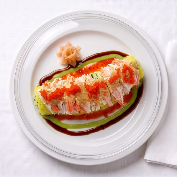 Sushi roll topped with crab sticks, orange roe, and sauces, served with pickled ginger.